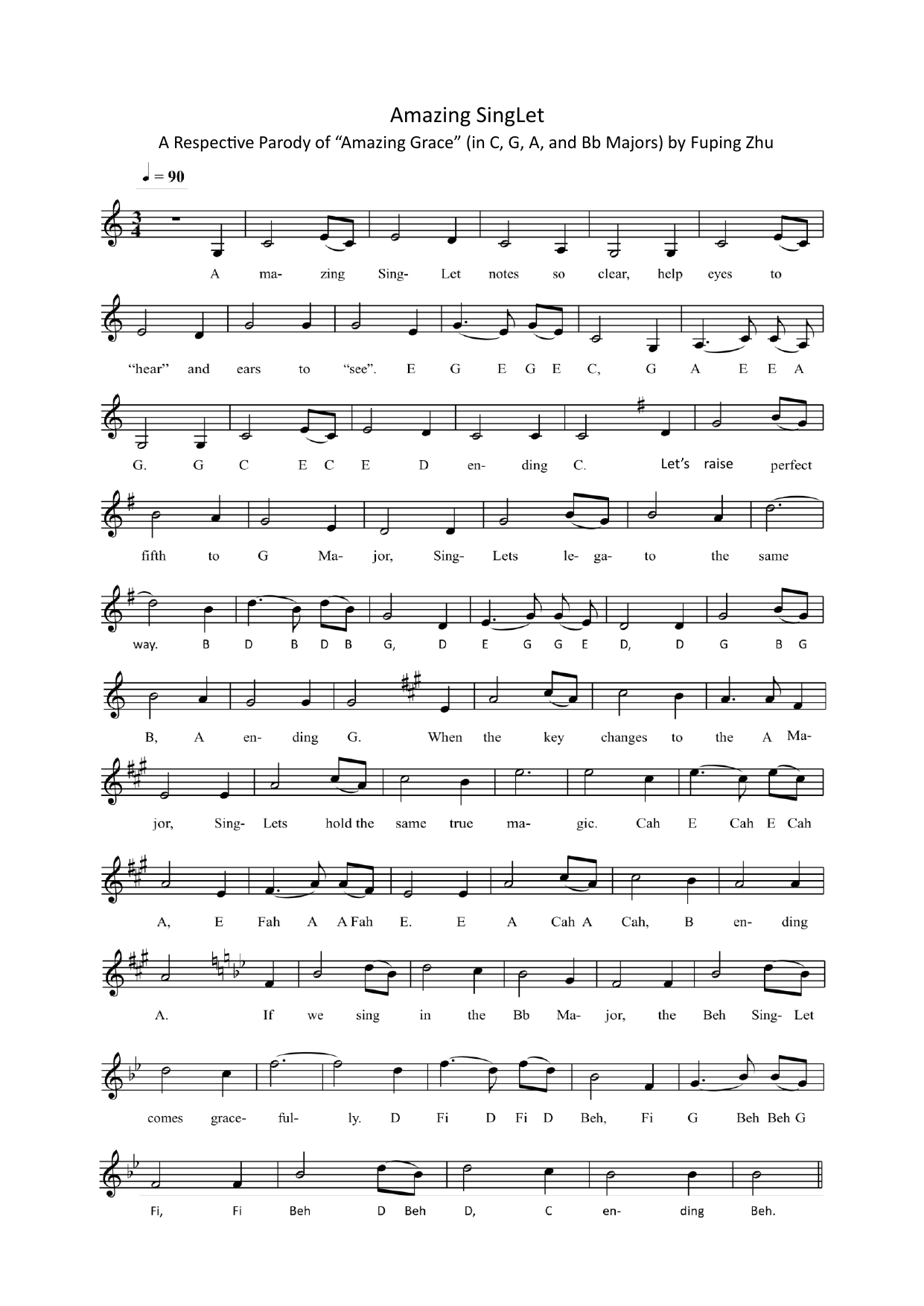 Amazing SingLet parody music sheet preview.
